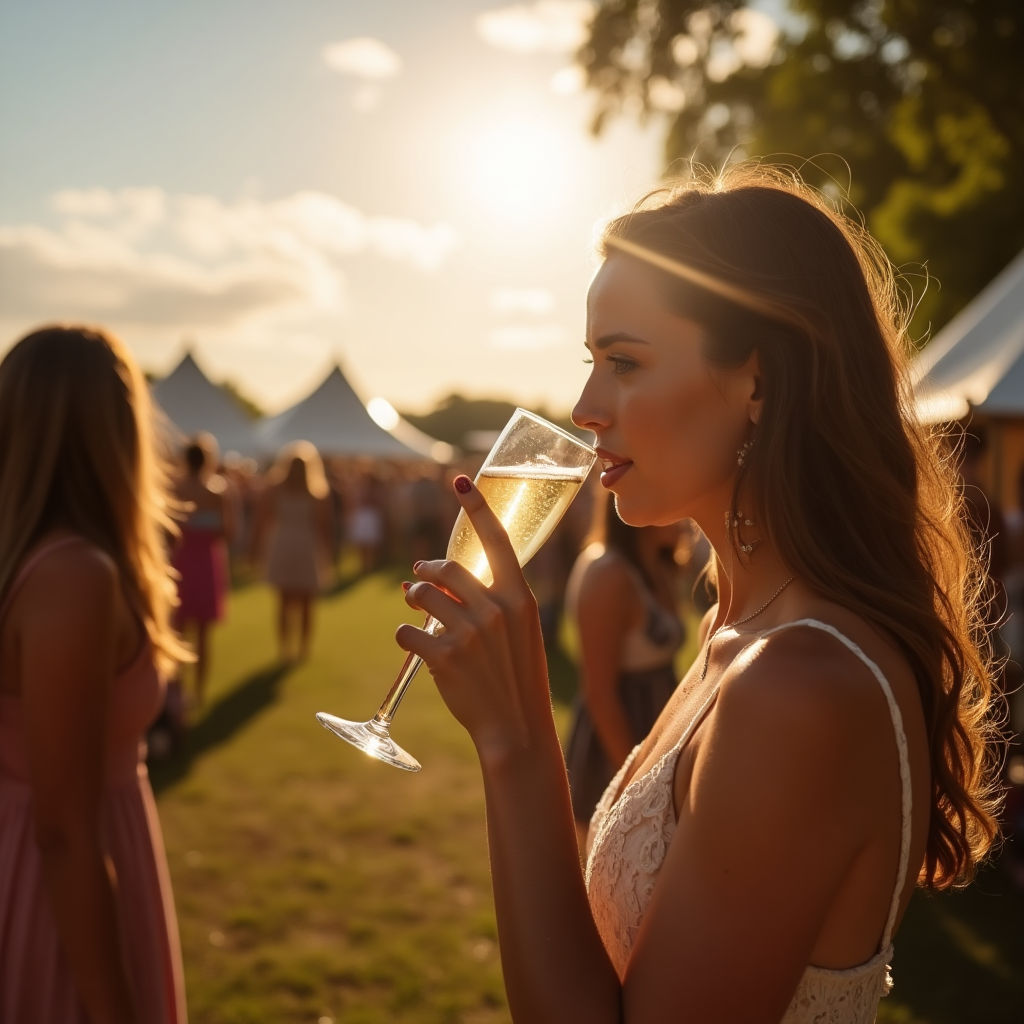 Outdoor party drinking champagne in the bright