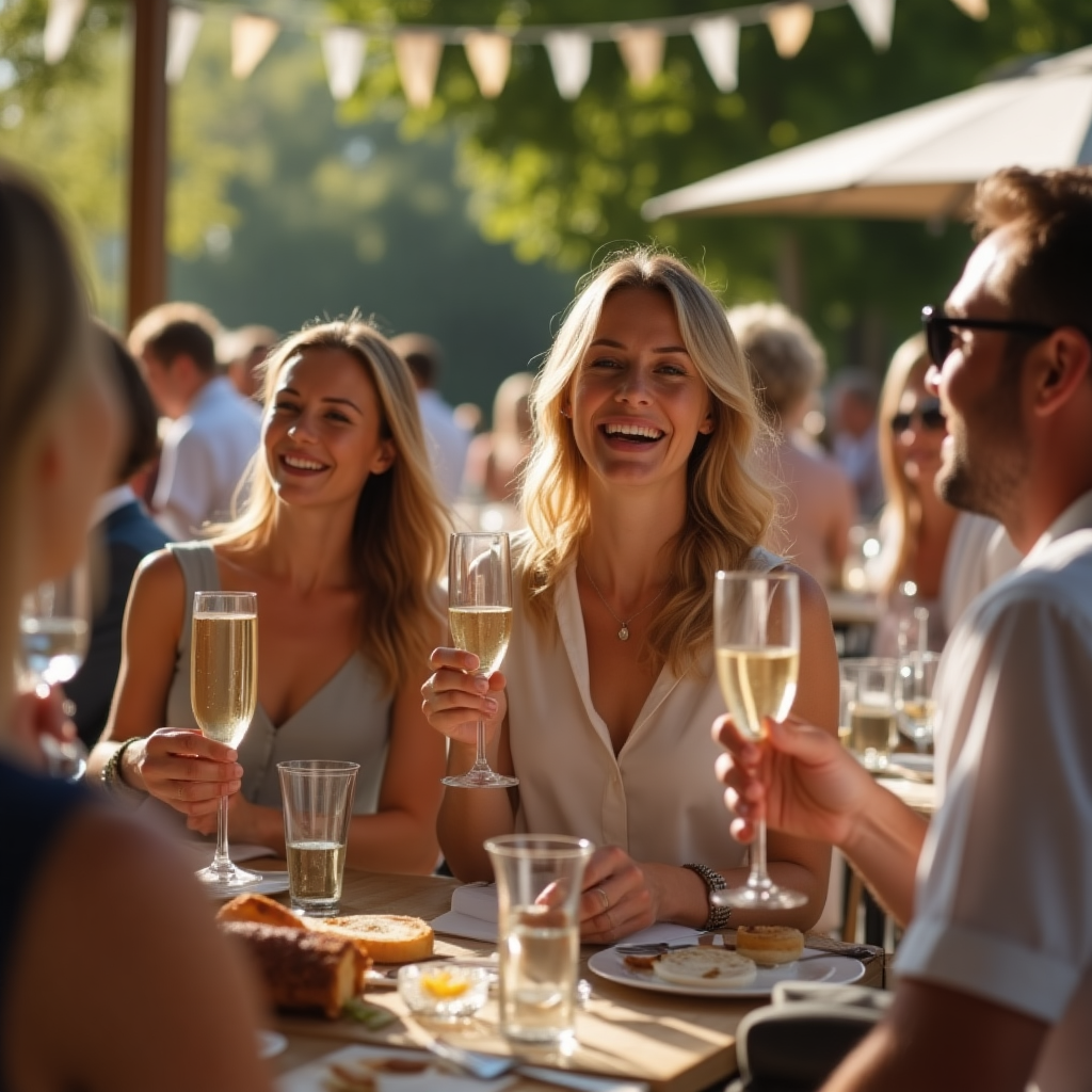 workplace outdoor event, with people dressed smart