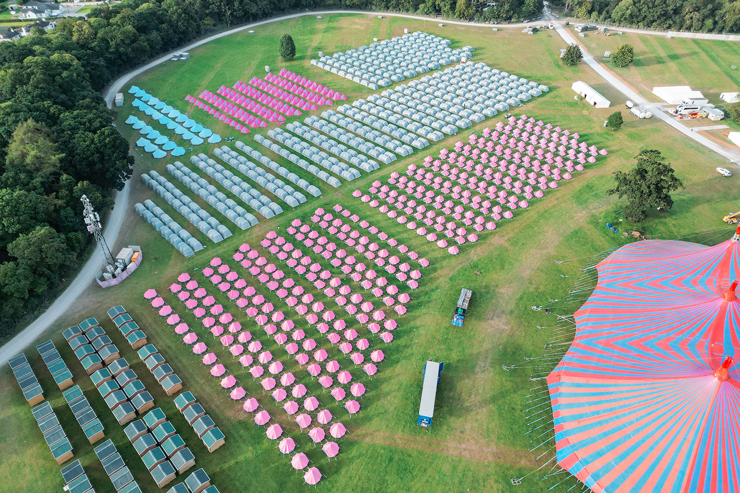 Music festival overhead shot of colourful tents